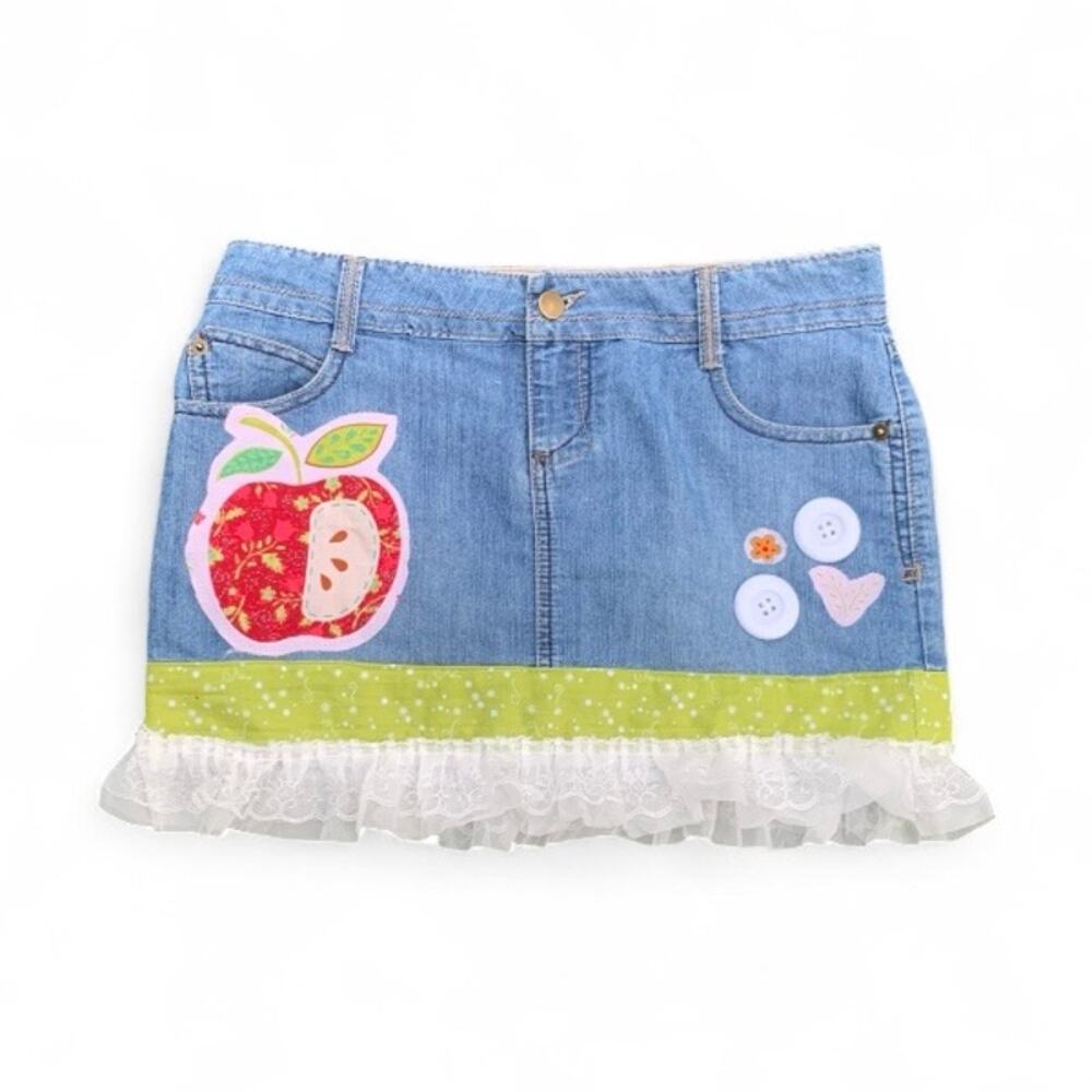 Custom Upcycled Y2K Apple Patchwork Denim Mini Skirt